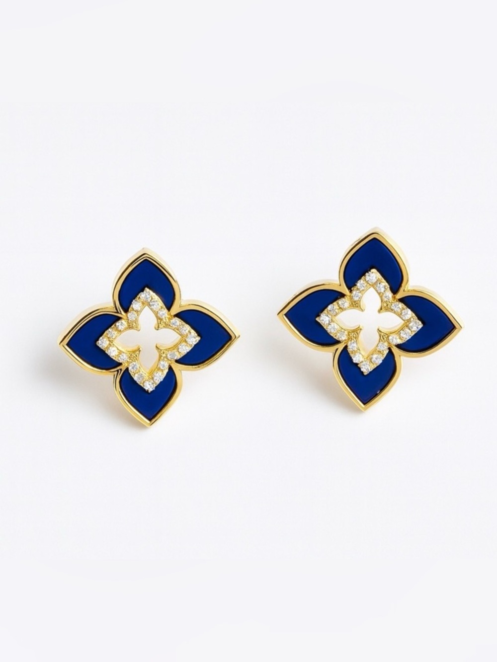 Gold Blue Floral Stud Earrings with Zirconia